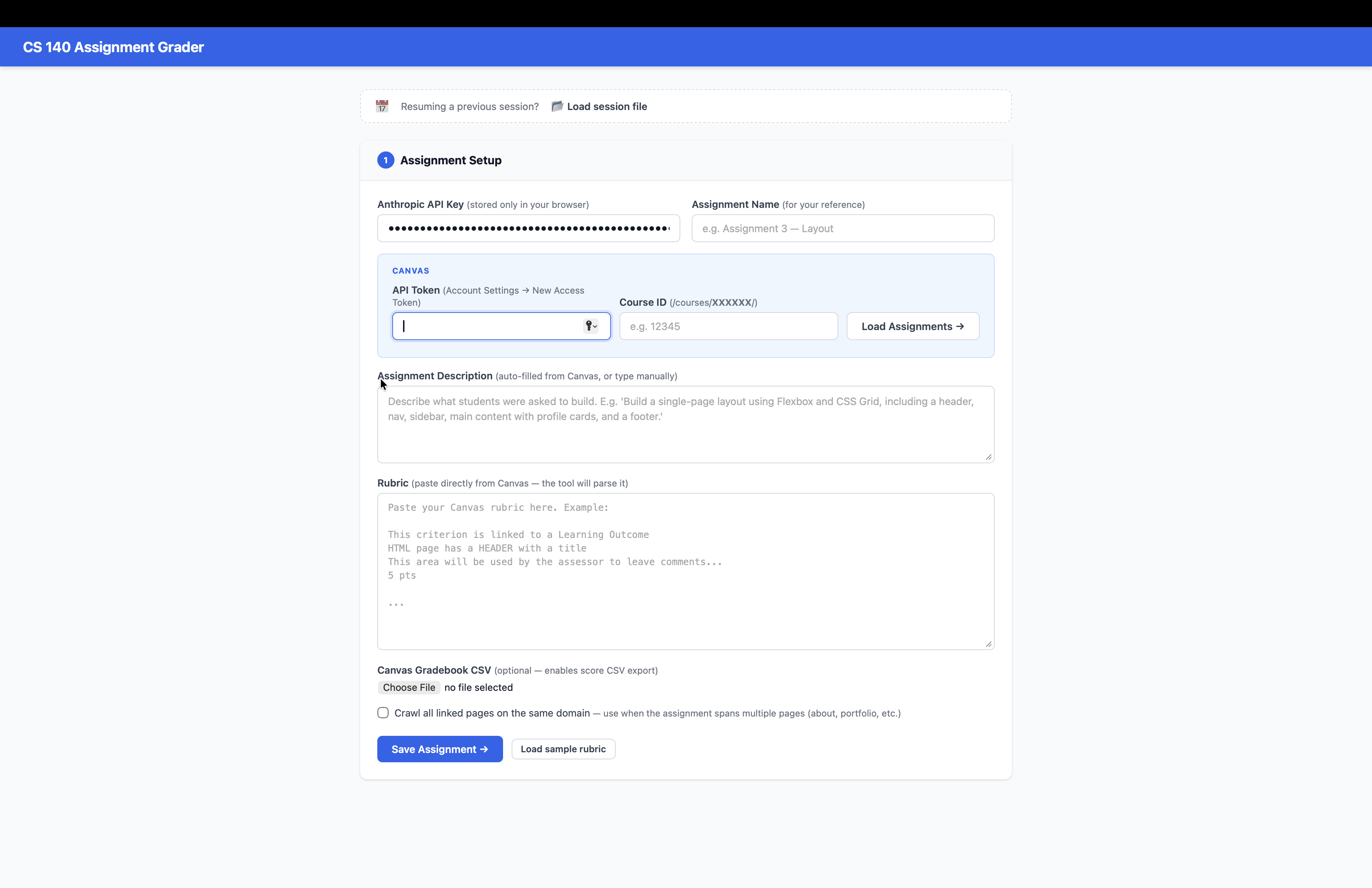 Portal home — assignment selection