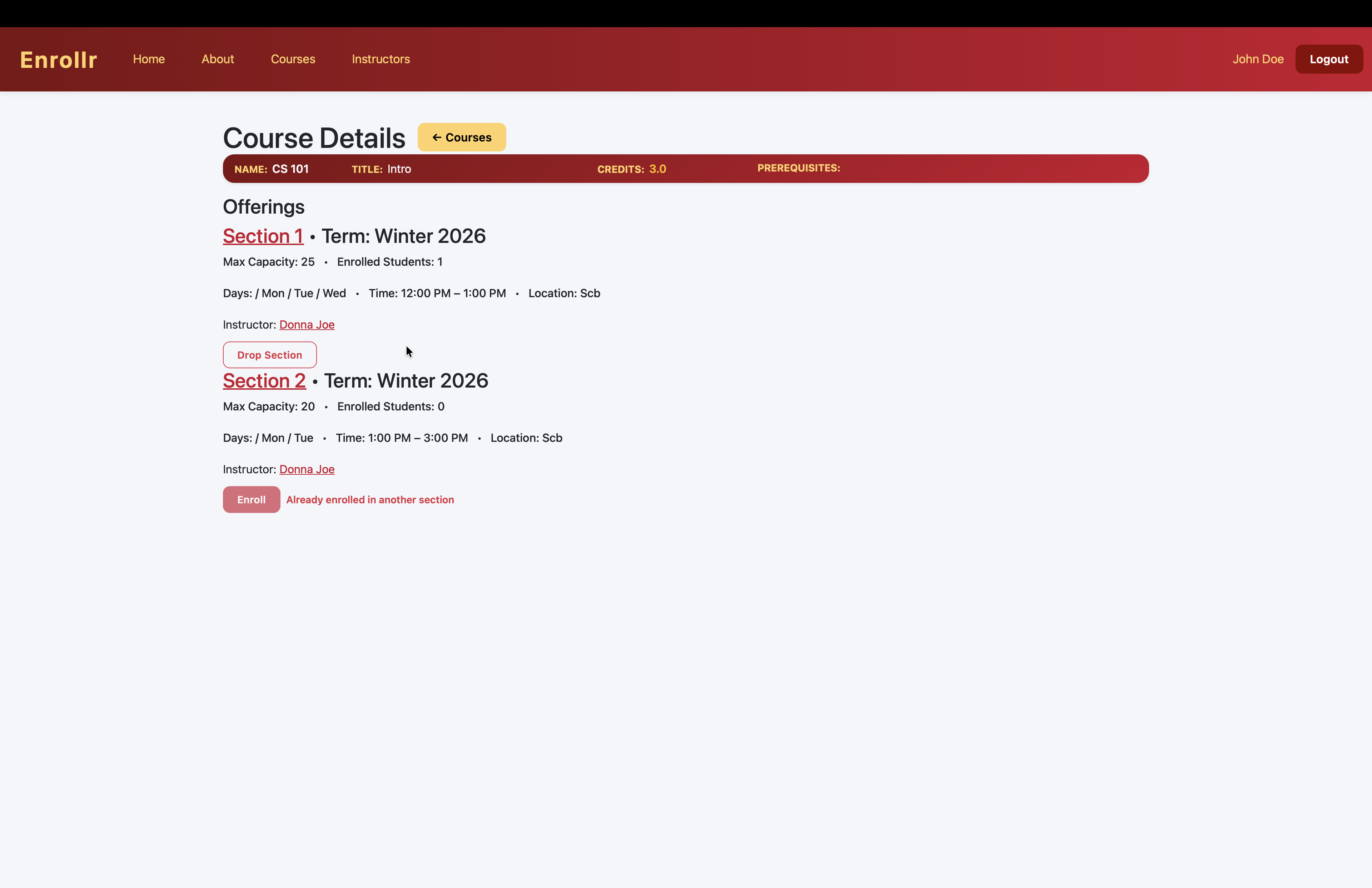 Course detail — sections, prerequisites, enrollment