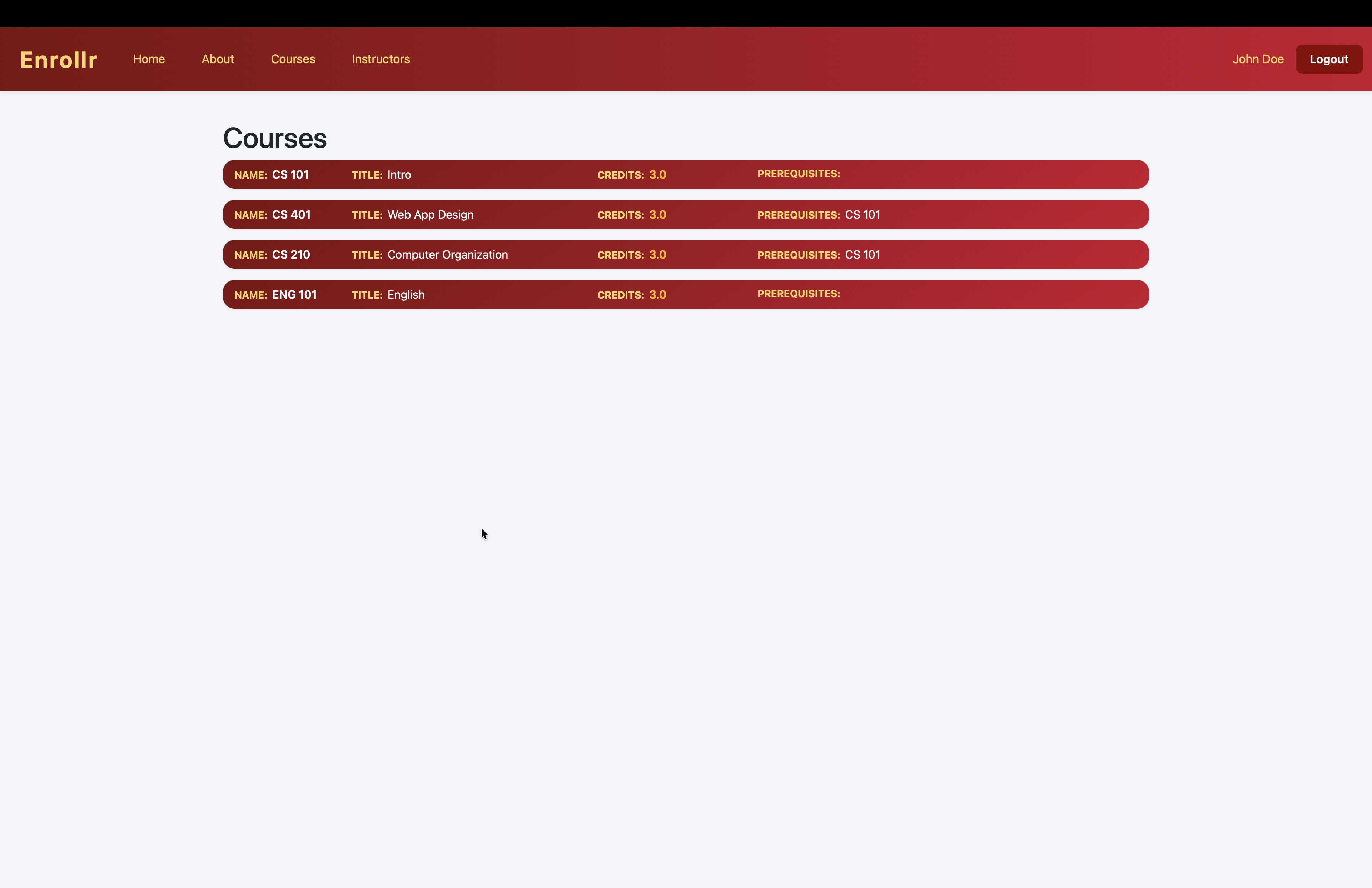 Course catalog with sections and capacity