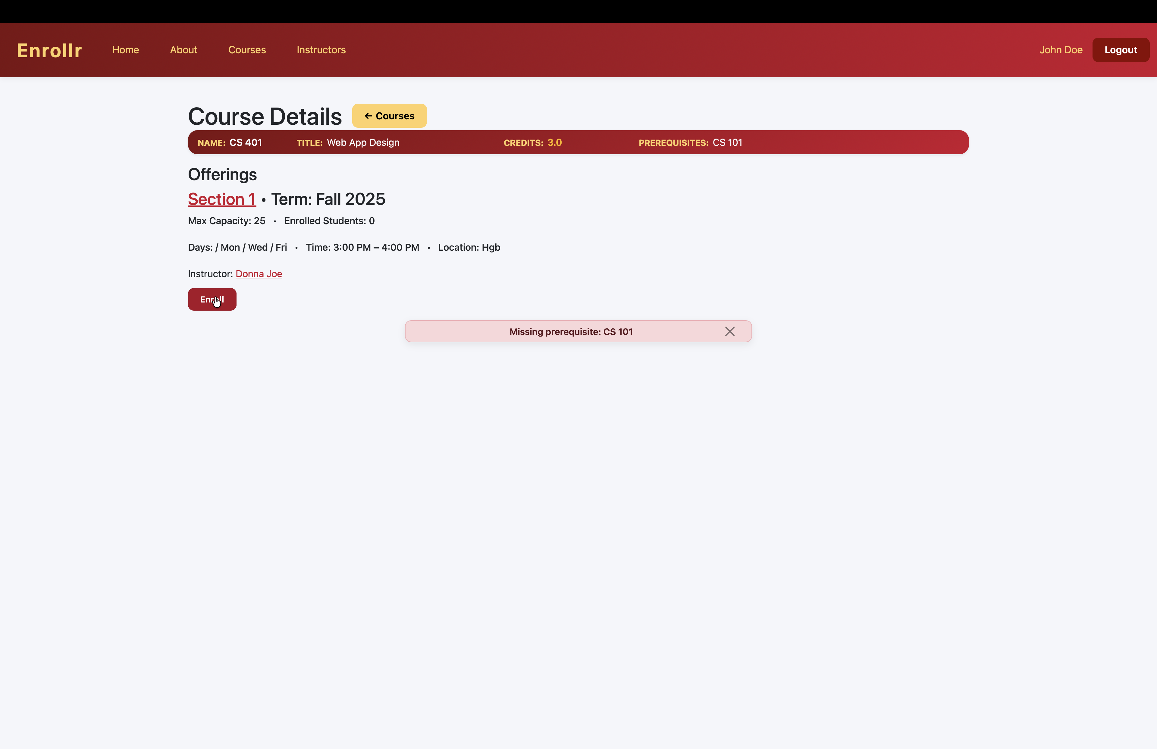 Prerequisite enforcement — blocked enrollment