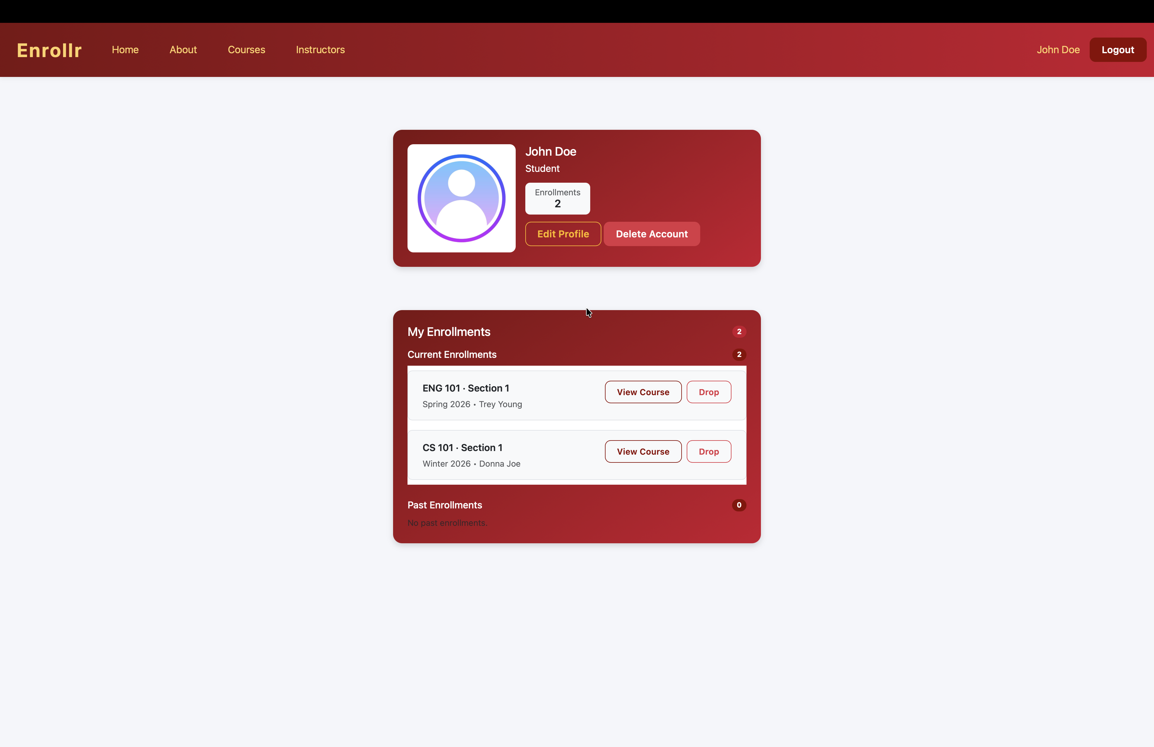 Student profile — enrolled courses